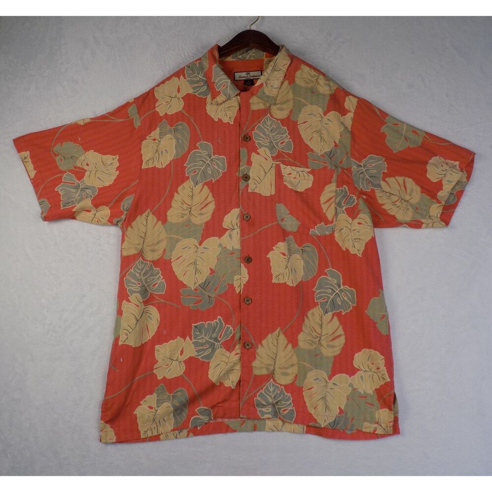 Tommy Bahama Mens XL Silk Camp Shirt Coral Orange Tropical Monstera Leaf Print